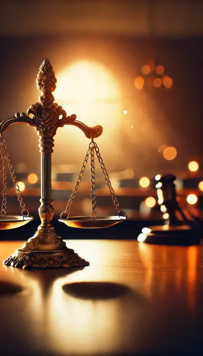 Golden Scales Of Justice On A Courtroom Desk
