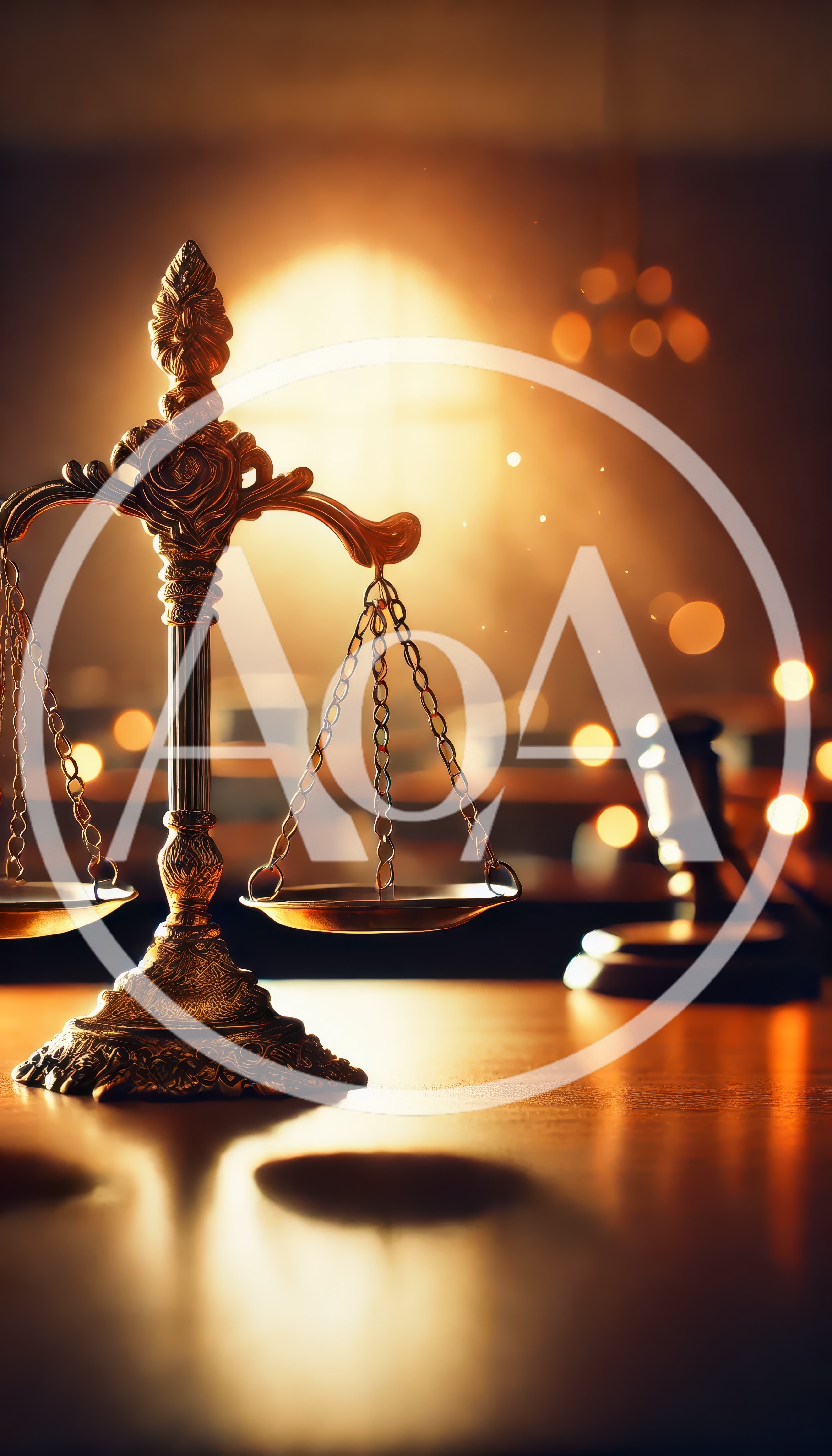 Golden Scales Of Justice On A Courtroom Desk