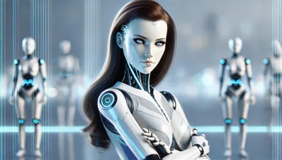 Futuristic Female Android Robot With Long Brown Hair