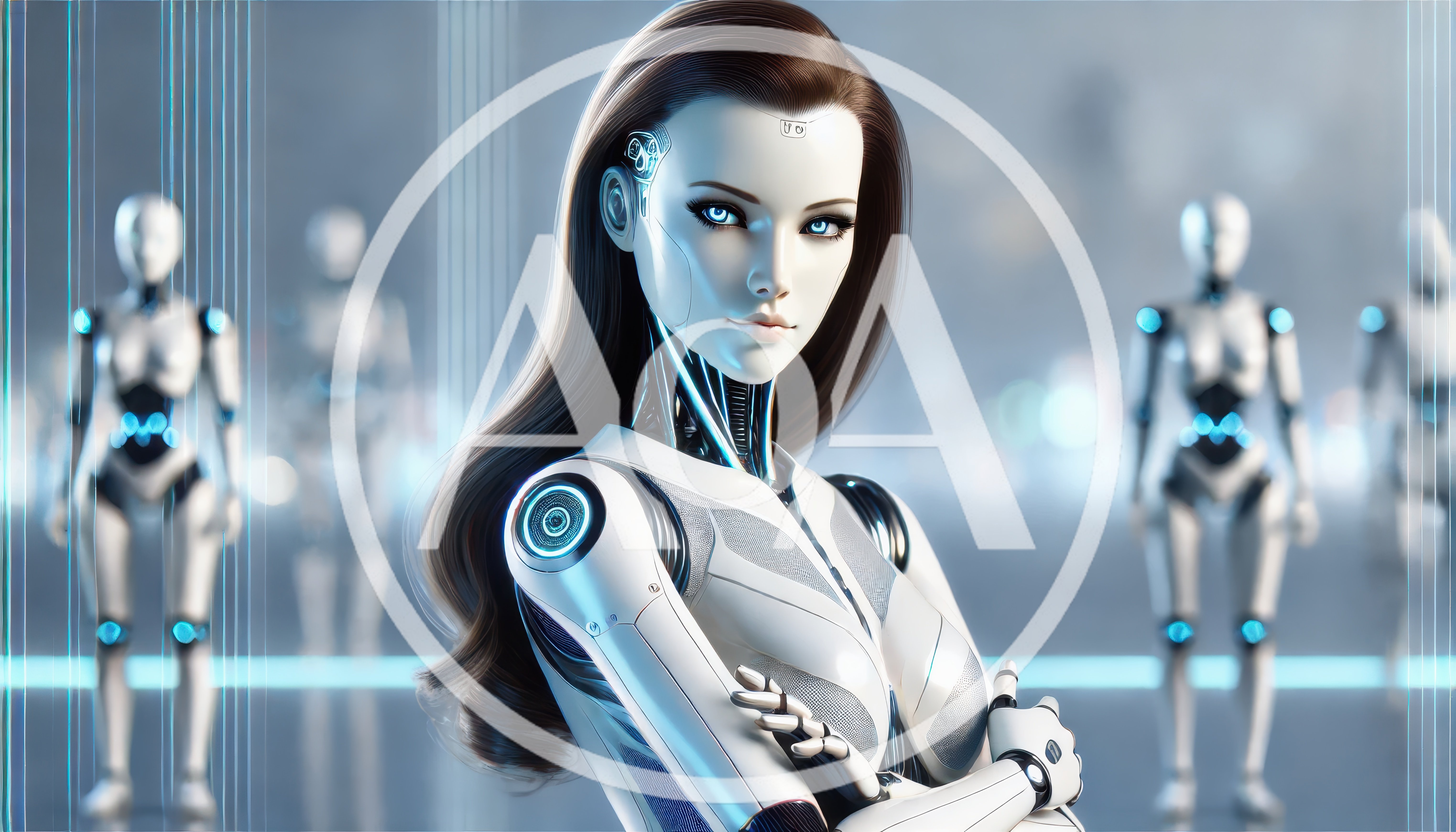 Futuristic Female Android Robot With Long Brown Hair