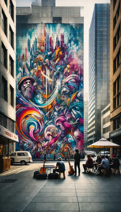 Street Musicians Performing Before A Large Urban Mural