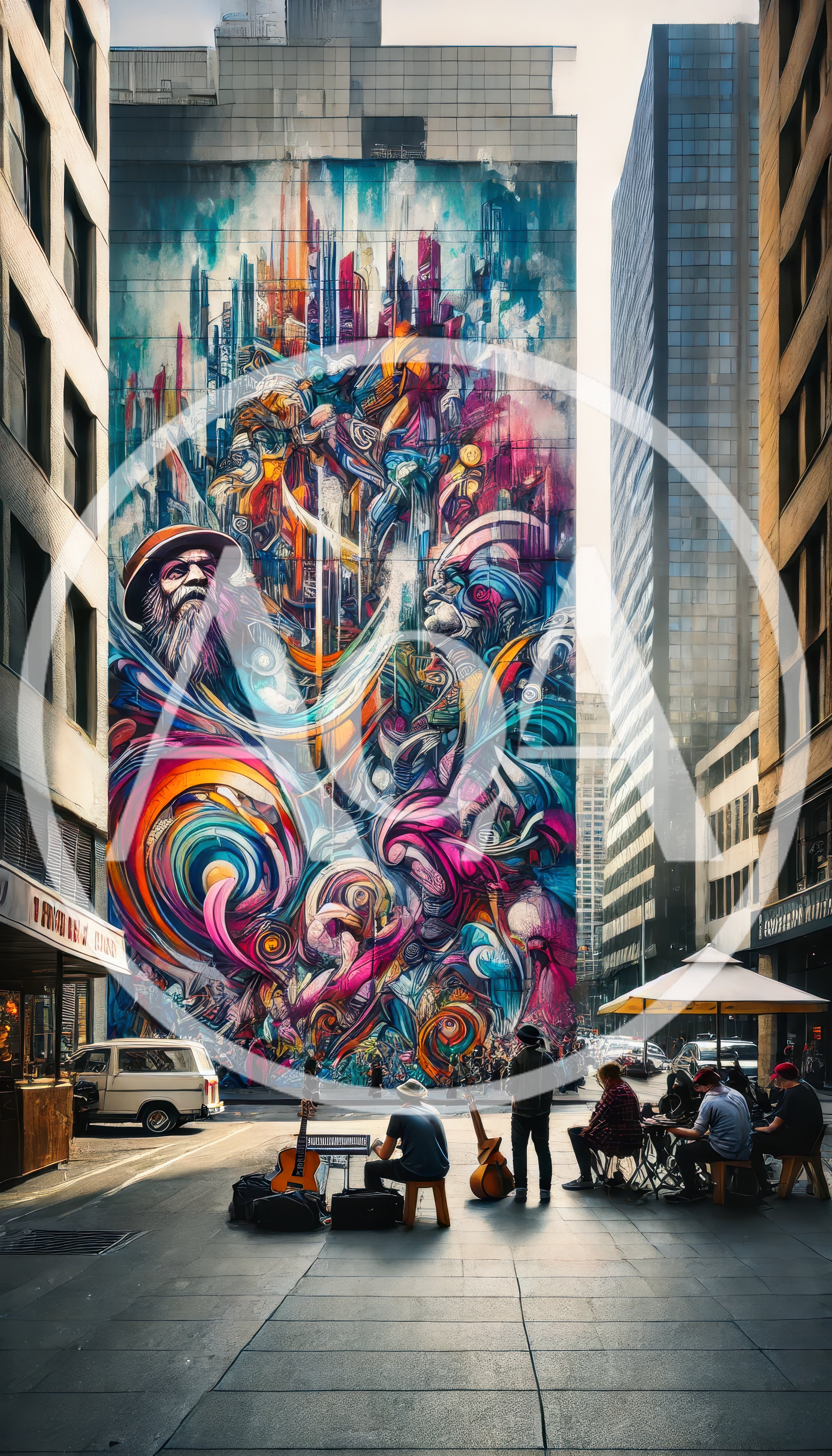 Street Musicians Performing Before A Large Urban Mural
