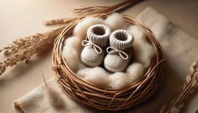 Knitted Baby Booties Resting In A Woven Nest
