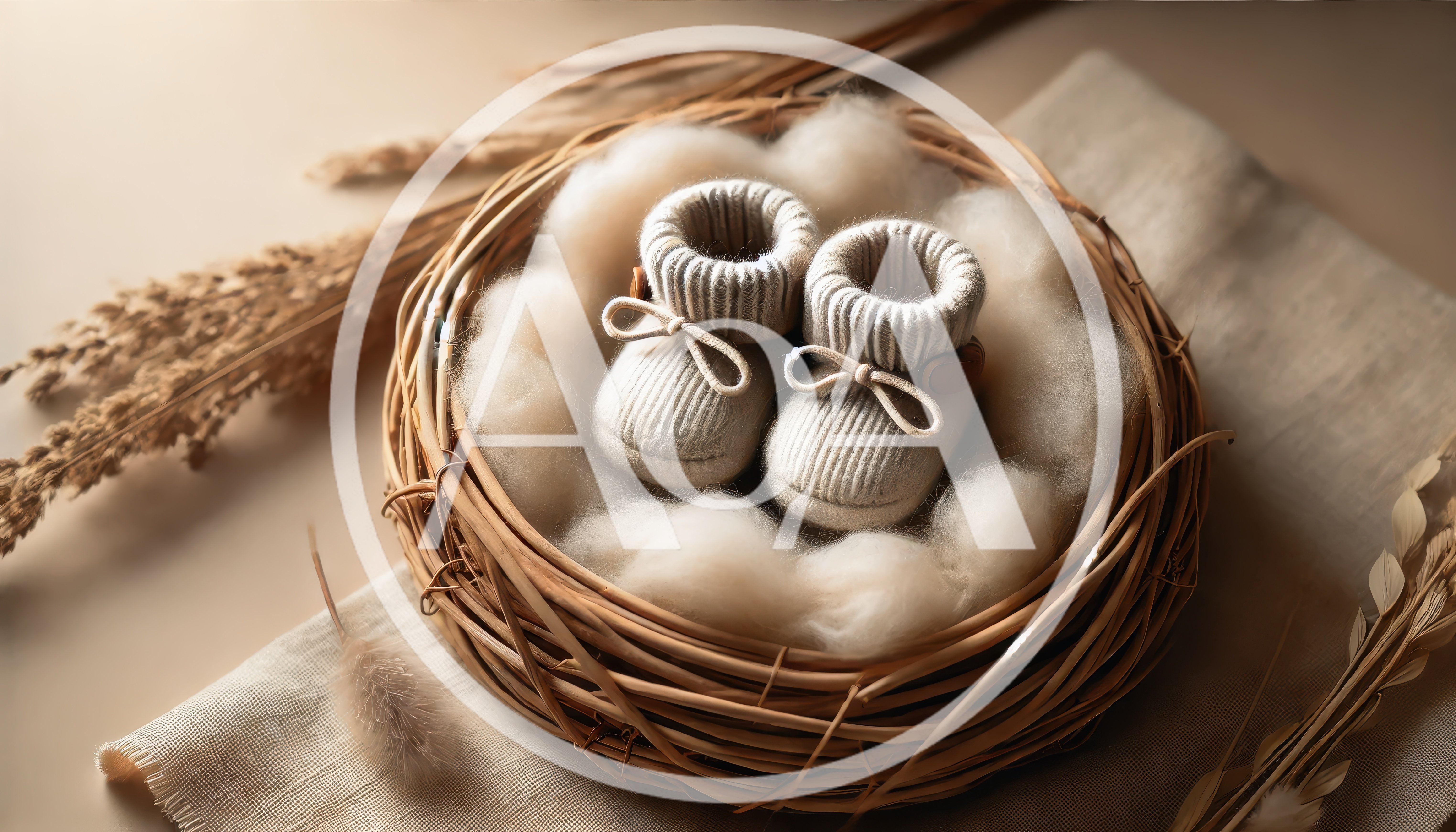 Knitted Baby Booties Resting In A Woven Nest