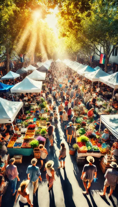 Crowded Outdoor Farmers Market Under Sunlit Trees
