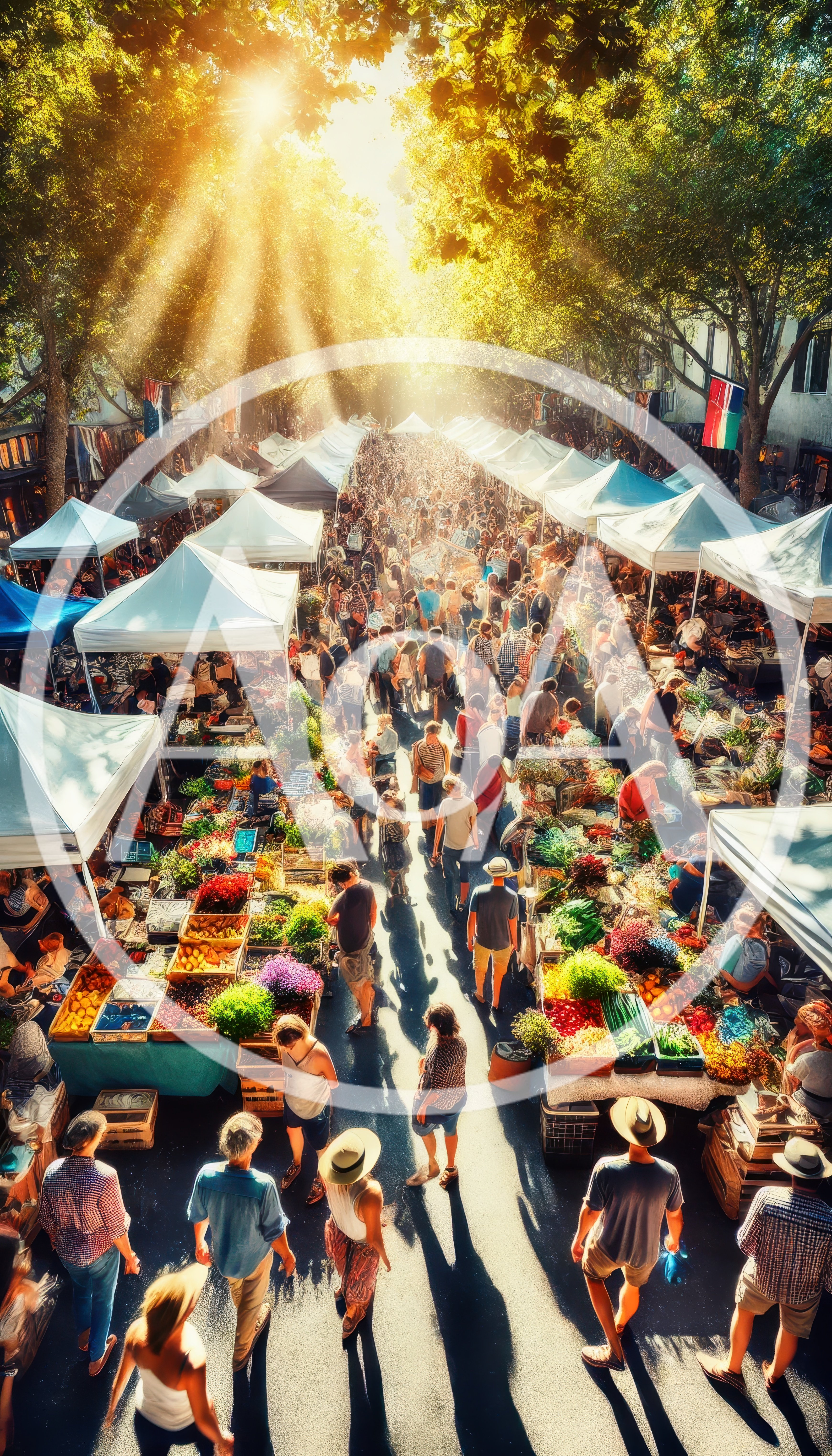 Crowded Outdoor Farmers Market Under Sunlit Trees