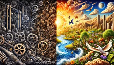 Surreal Split Screen Concept Art Of Industry And Nature