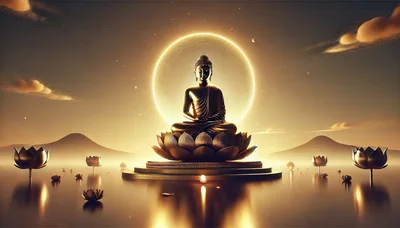 Golden Buddha Statue Meditating On A Lotus Throne