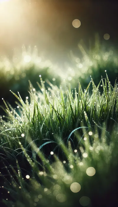 Dew Drops On Green Grass Blades At Sunrise