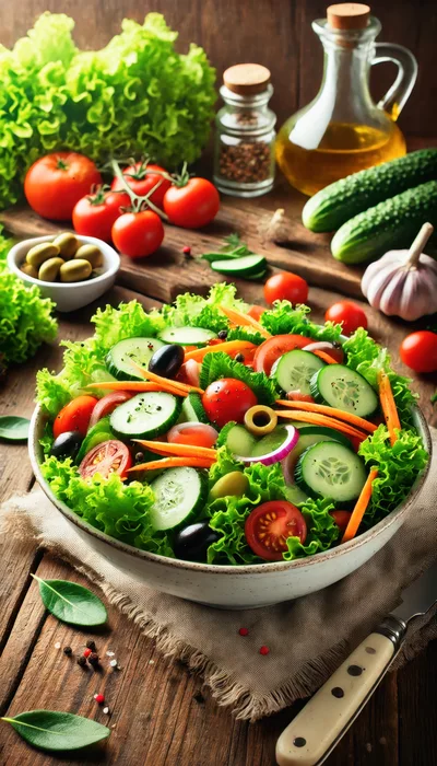 Fresh Vegetable Salad Bowl on Rustic Wooden Table