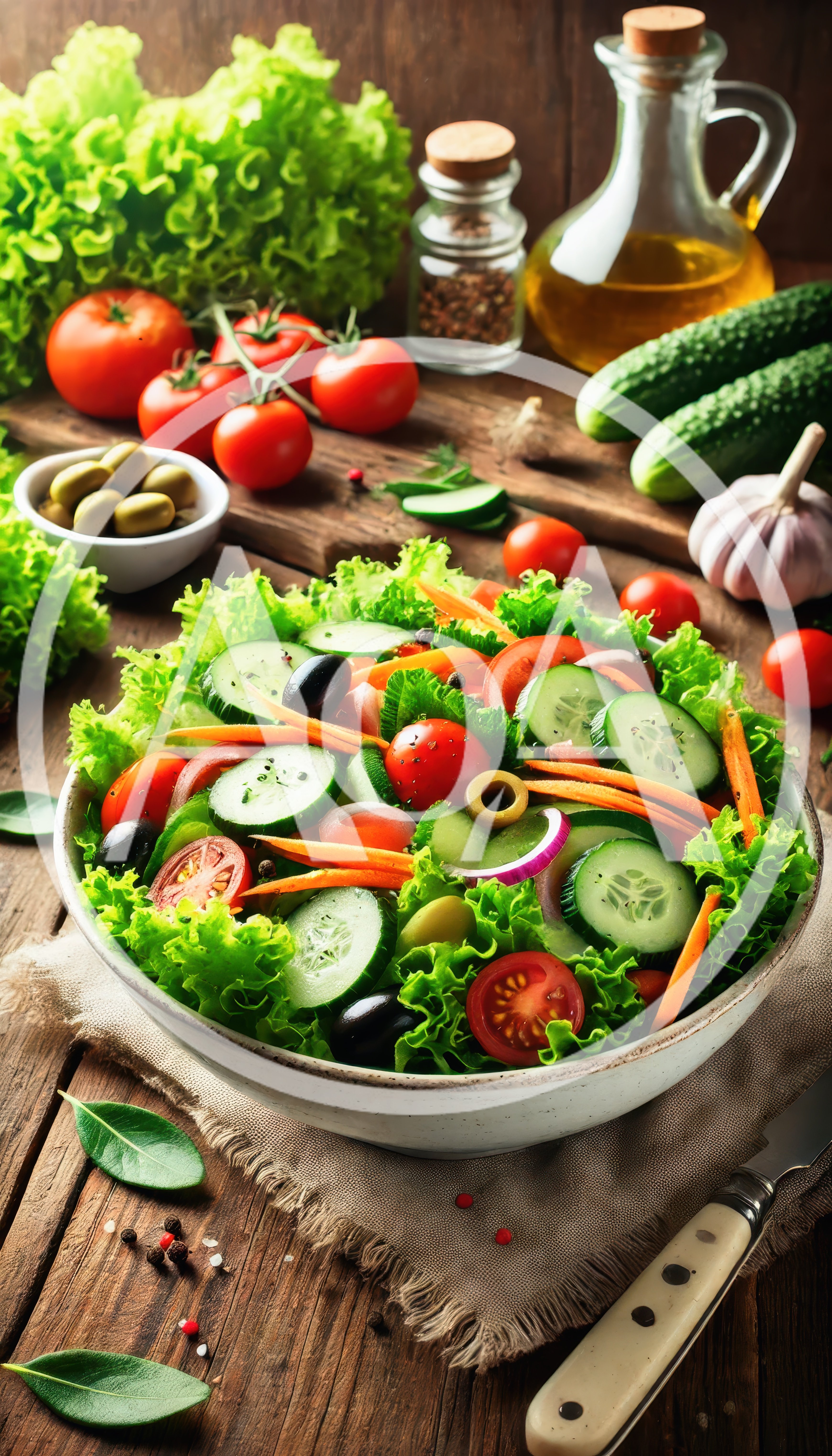 Fresh Vegetable Salad Bowl on Rustic Wooden Table