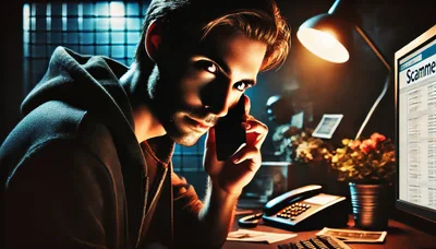 Young Man Talking On Phone In Dark Office