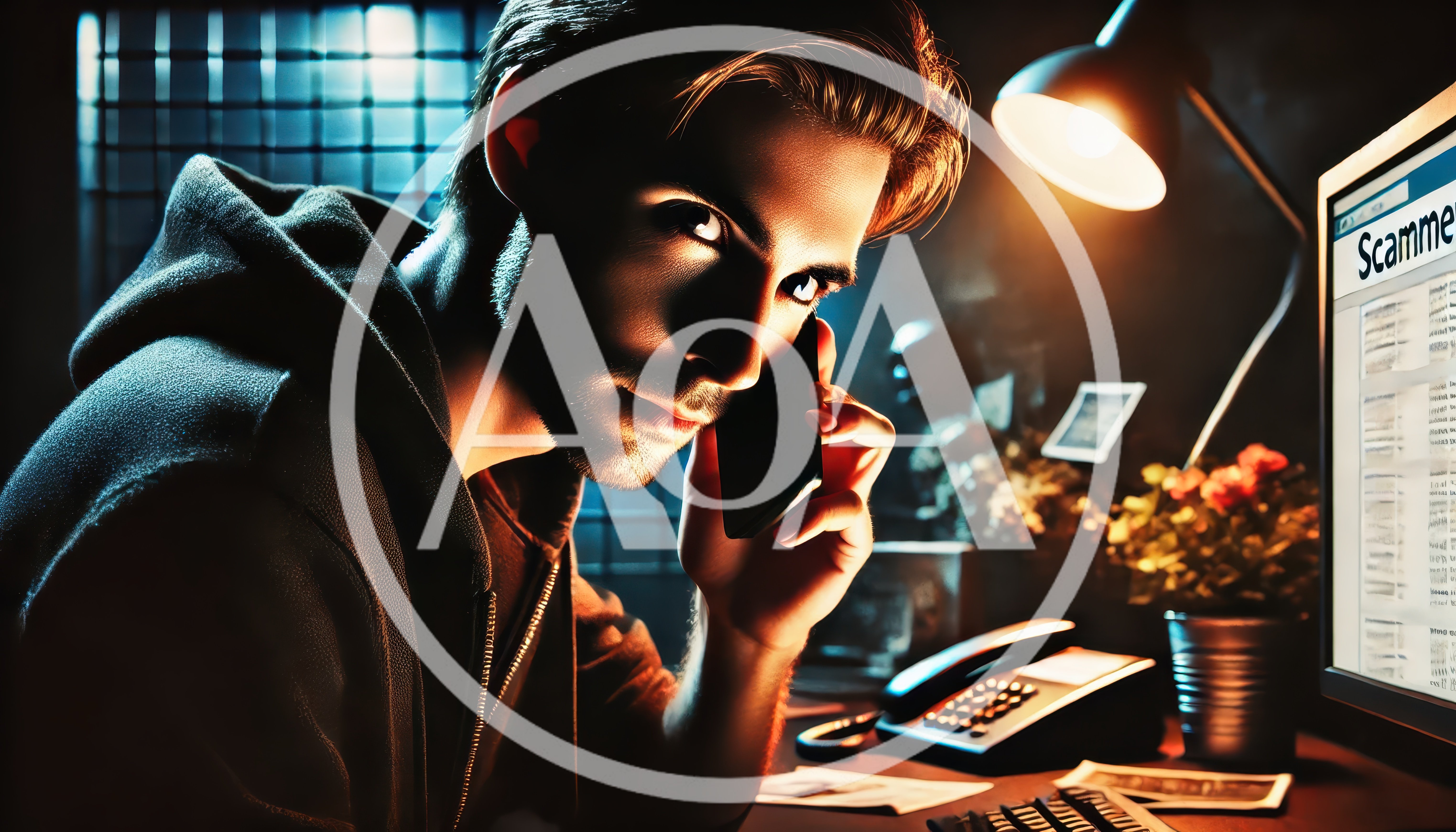Young Man Talking On Phone In Dark Office