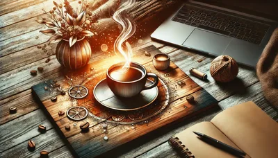 Cozy Coffee Desk Setup With Laptop And Notebook