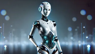 Futuristic Female Android Standing In Digital Cyber Space