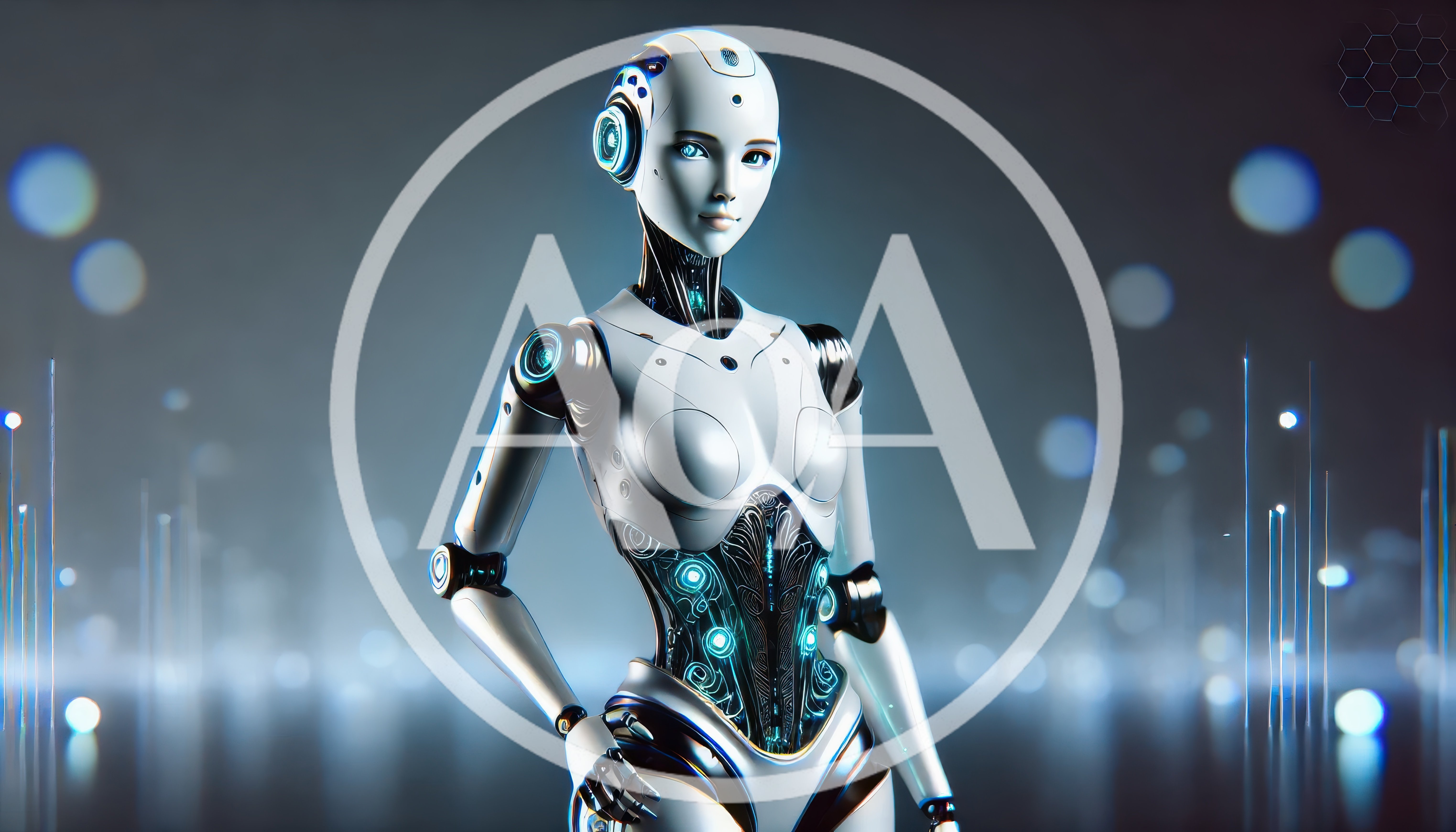 Futuristic Female Android Standing In Digital Cyber Space