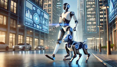 Futuristic Robot Walking A Robotic Dog In City