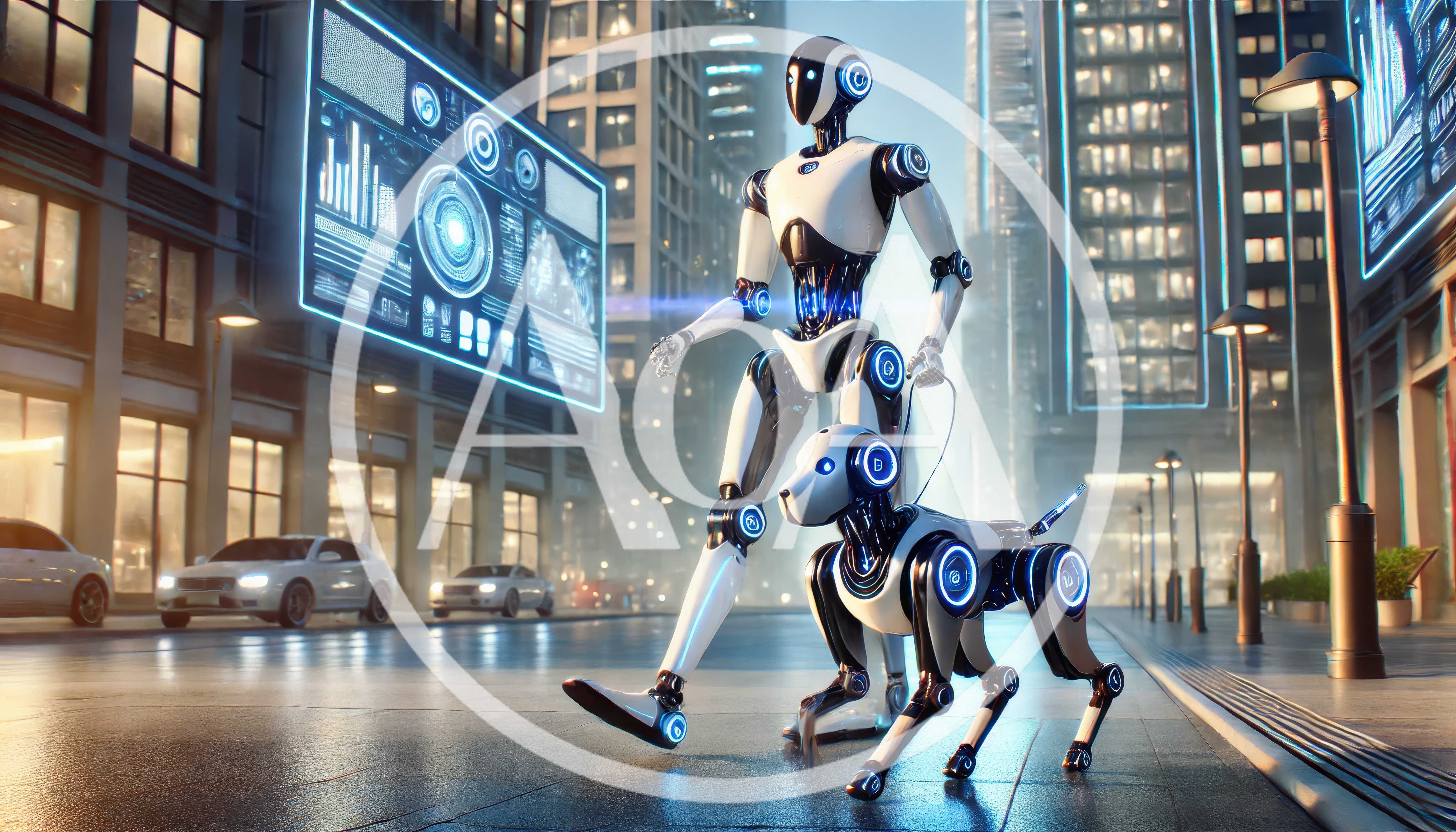 Futuristic Robot Walking A Robotic Dog In City