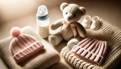 Baby Essentials With Teddy Bear And Knitted Clothing