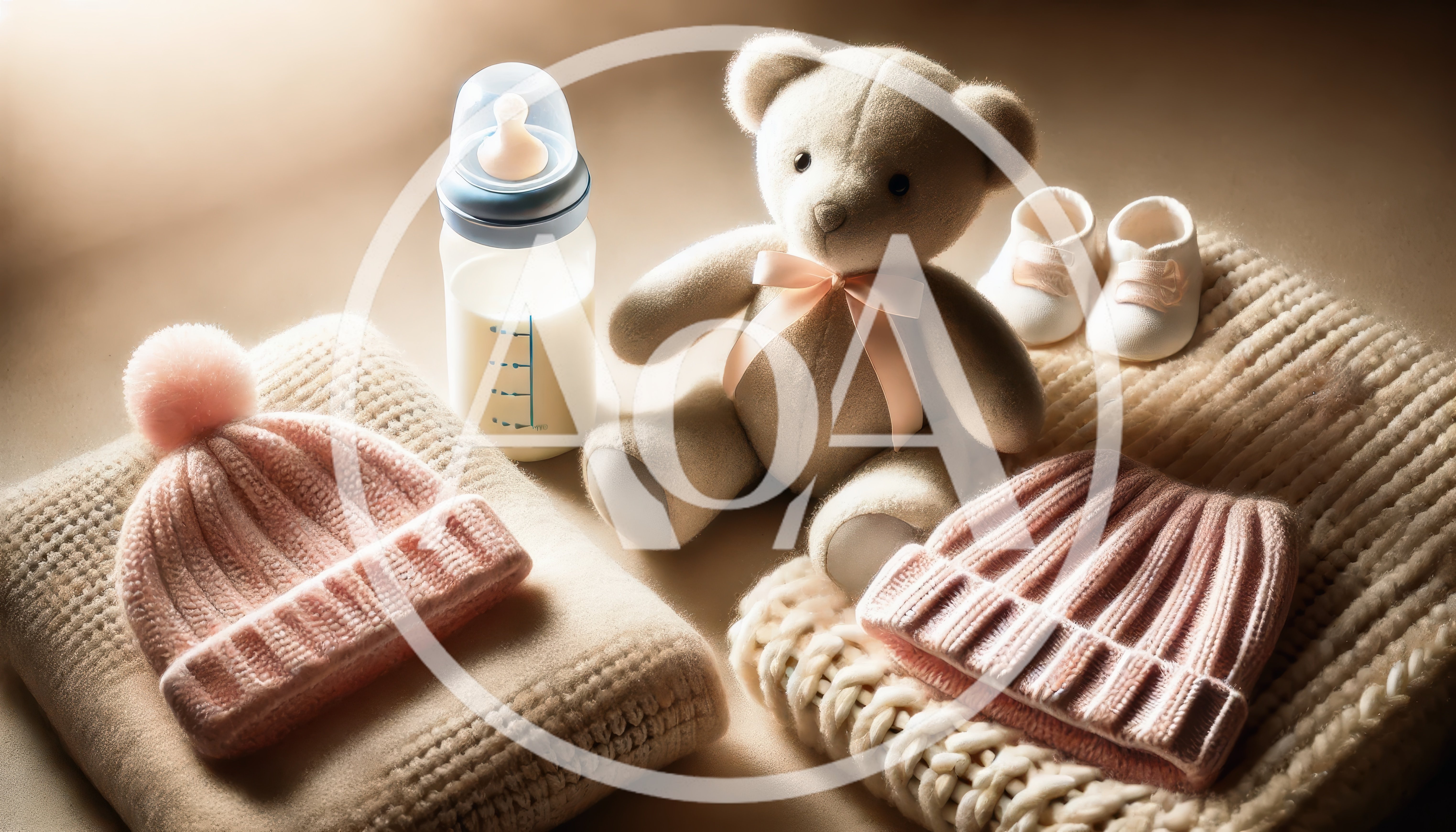 Baby Essentials With Teddy Bear And Knitted Clothing
