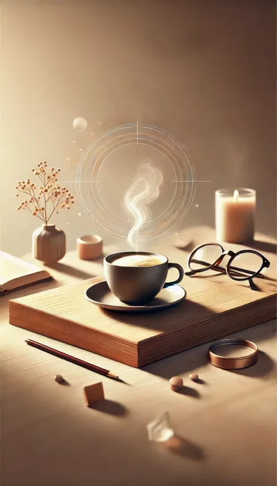 Coffee Cup With Abstract Geometric Steam On Wooden Desk