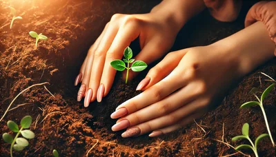 Hands Planting A Small Green Seedling In Soil