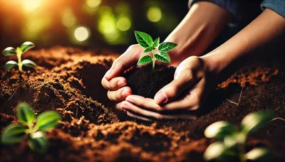Hands Planting A Small Green Seedling In Rich Soil