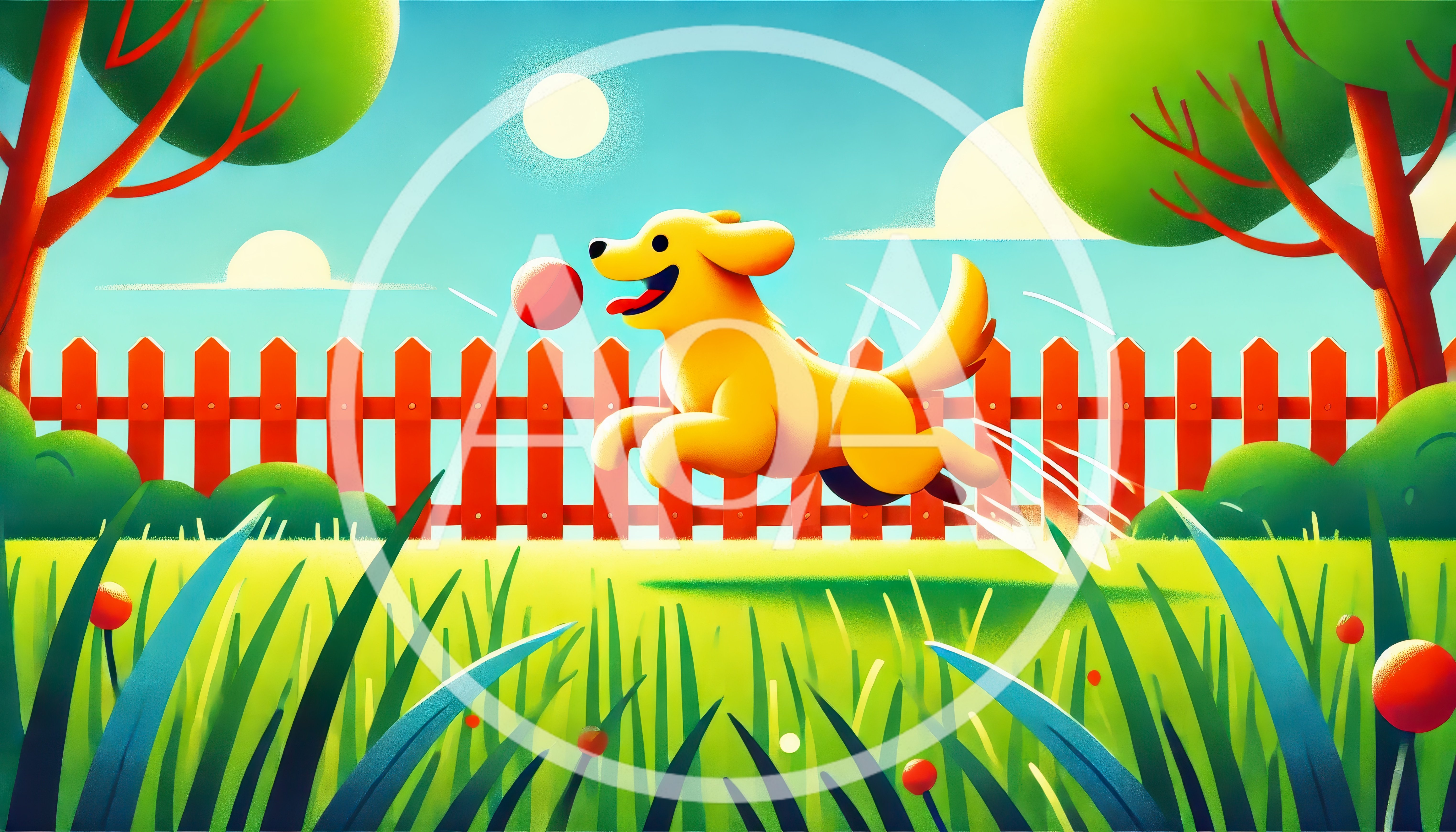 Golden Retriever Puppy Playing With Ball In Sunny Garden