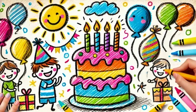 Children Drawing A Birthday Celebration With Crayons