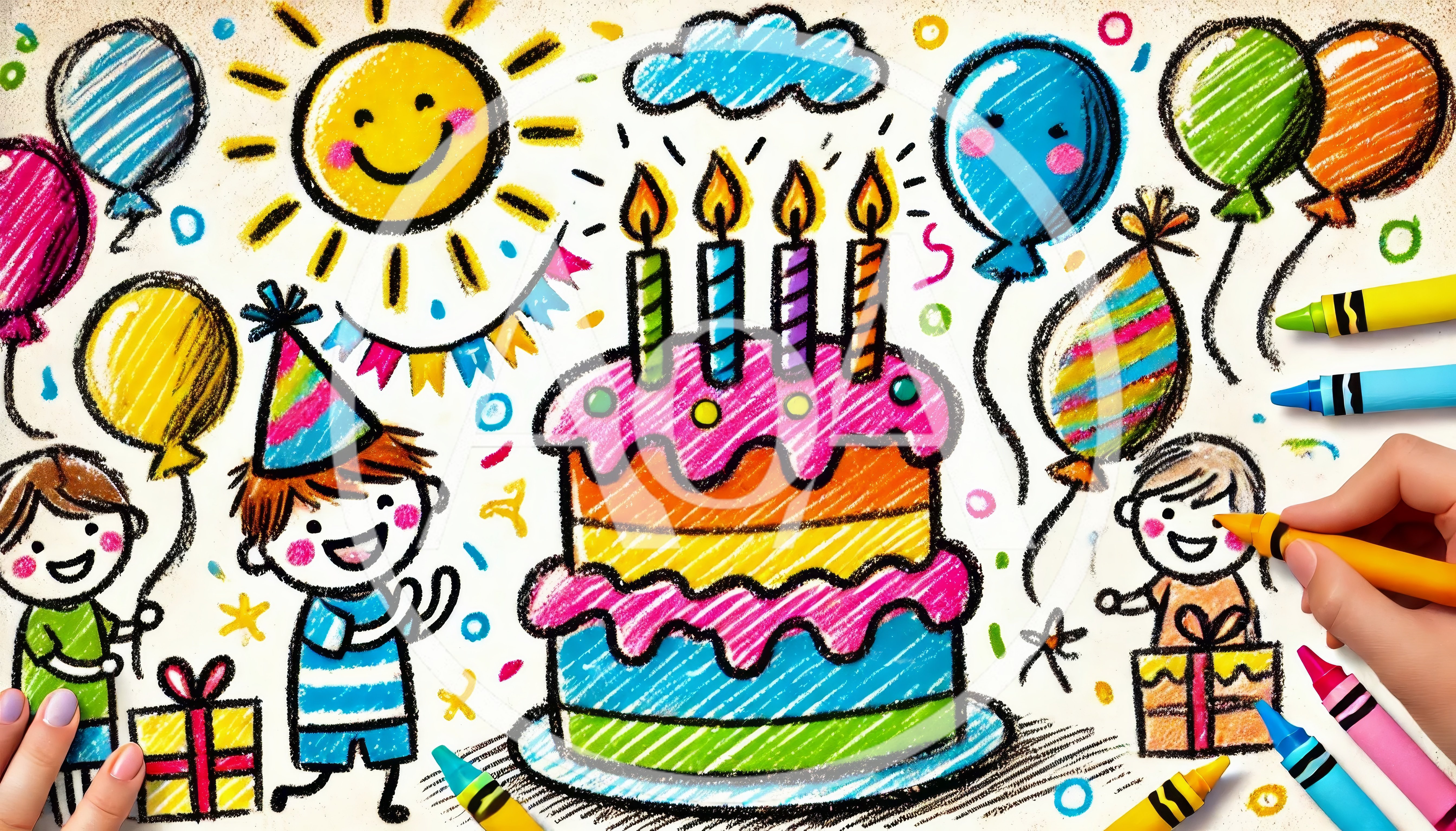 Children Drawing A Birthday Celebration With Crayons