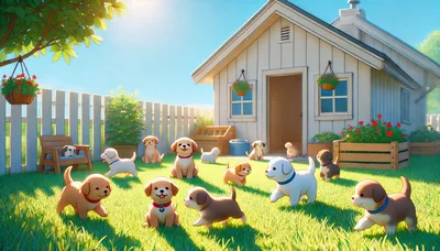 Group Of Cute Puppies Playing In A Sunny Backyard