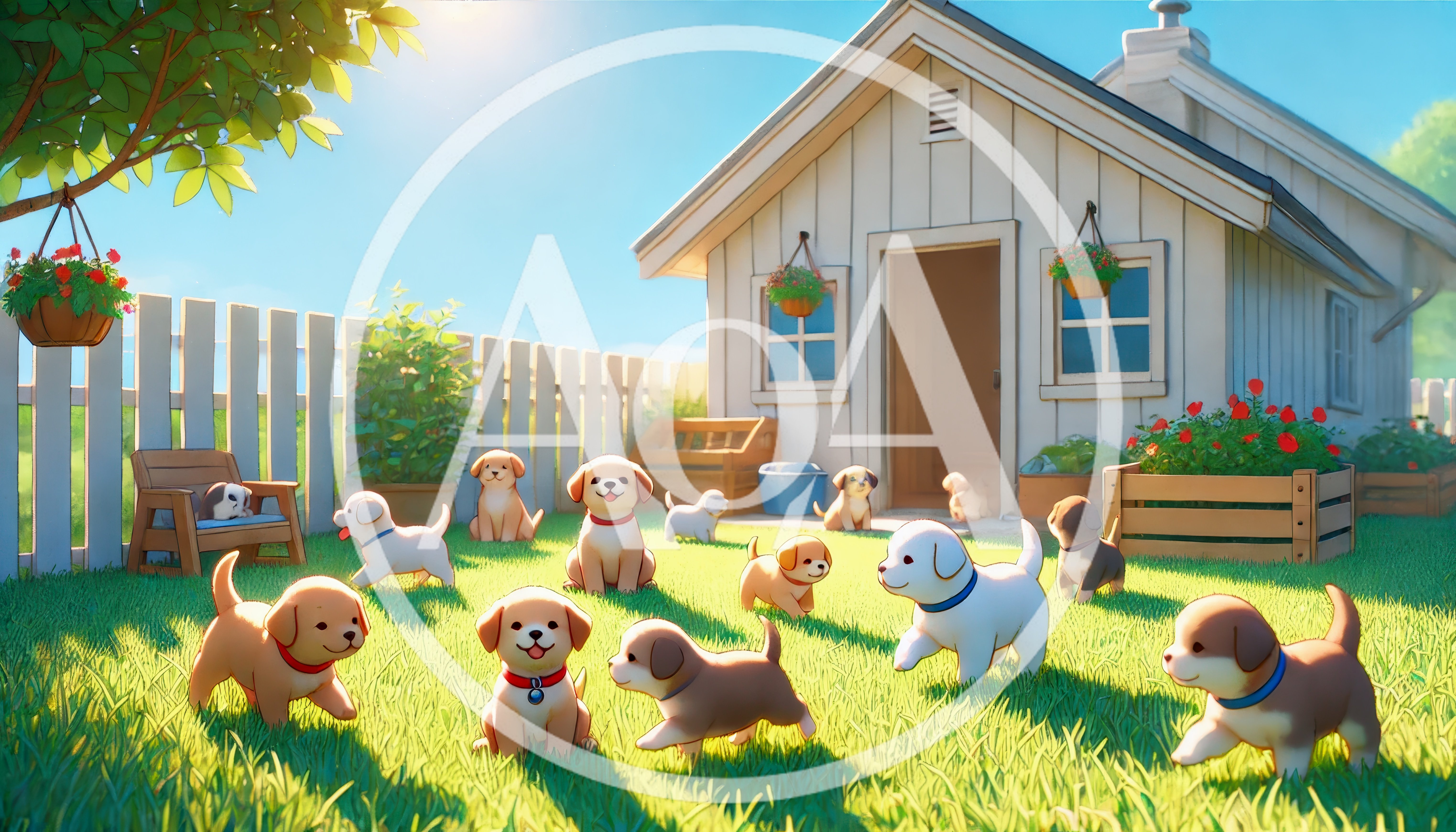 Group Of Cute Puppies Playing In A Sunny Backyard