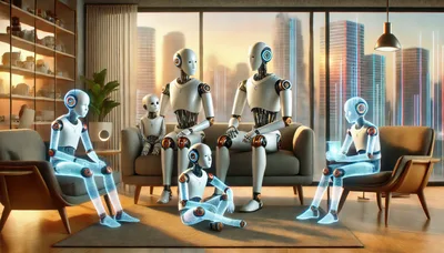 Futuristic Robot Family Relaxing In Modern Living Room