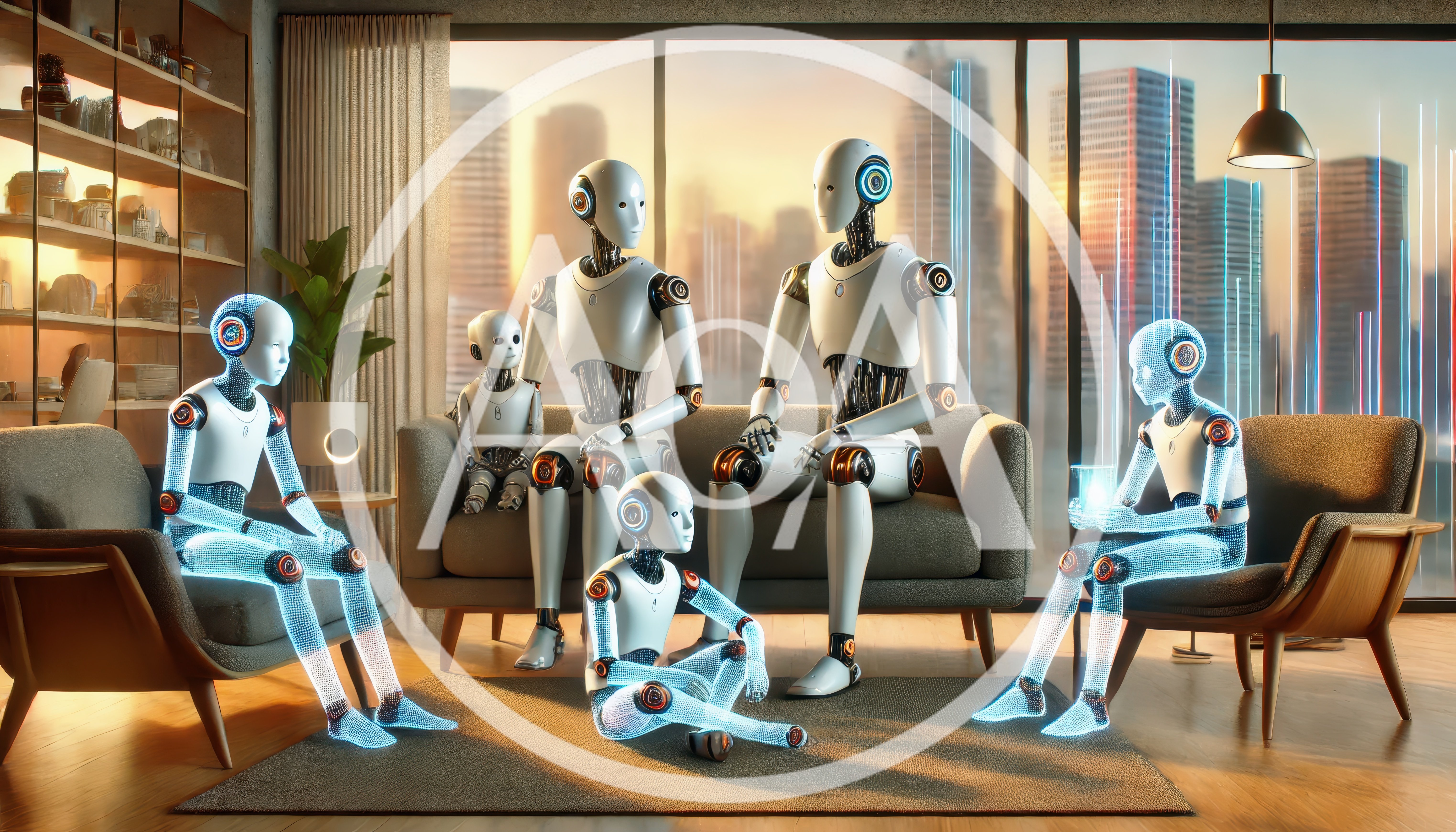 Futuristic Robot Family Relaxing In Modern Living Room