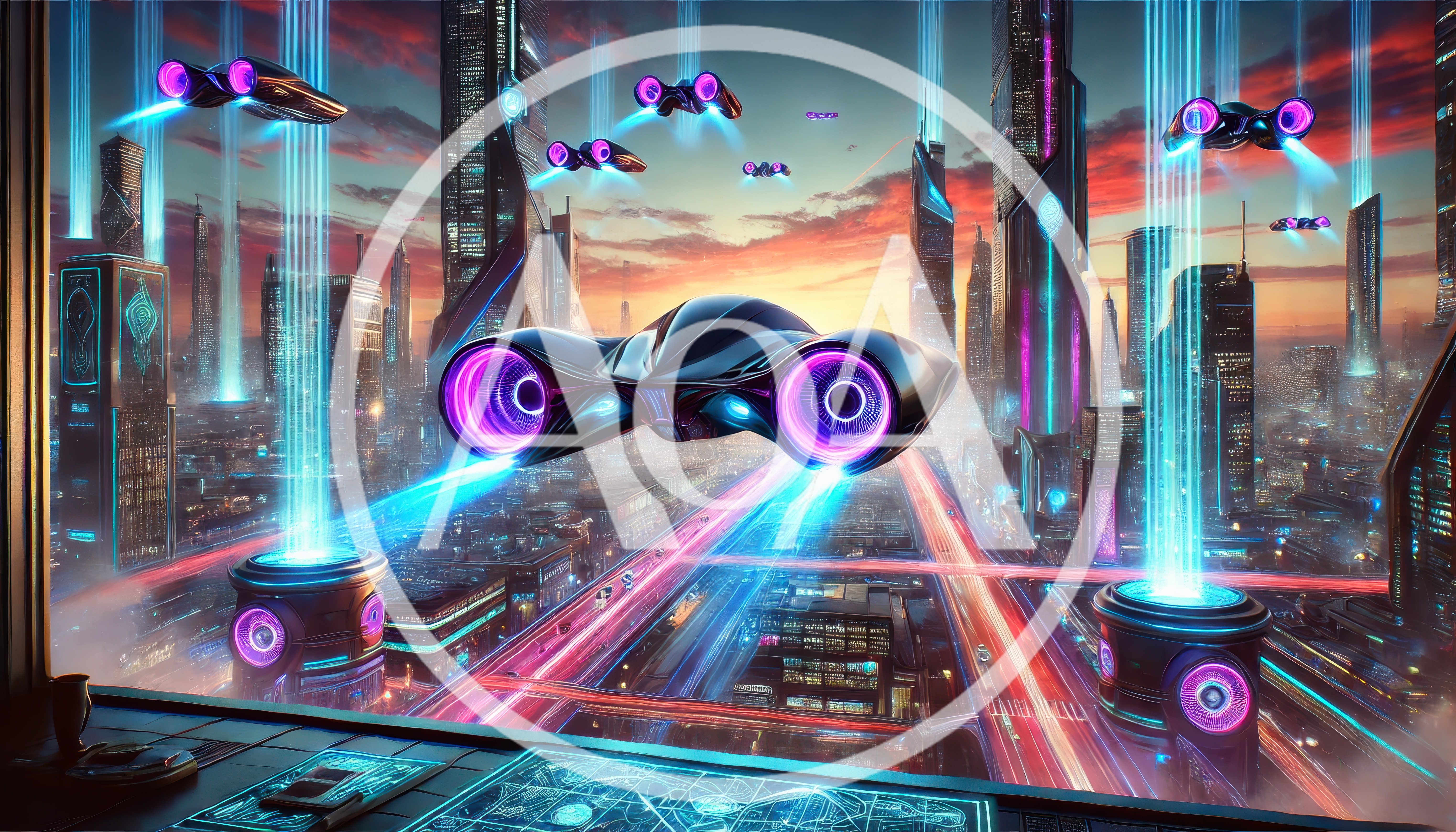 Futuristic Flying Vehicles Over A Neon Cyberpunk Cityscape