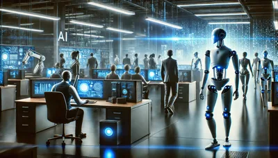 Futuristic Office Environment With Humanoid Robots And Employees