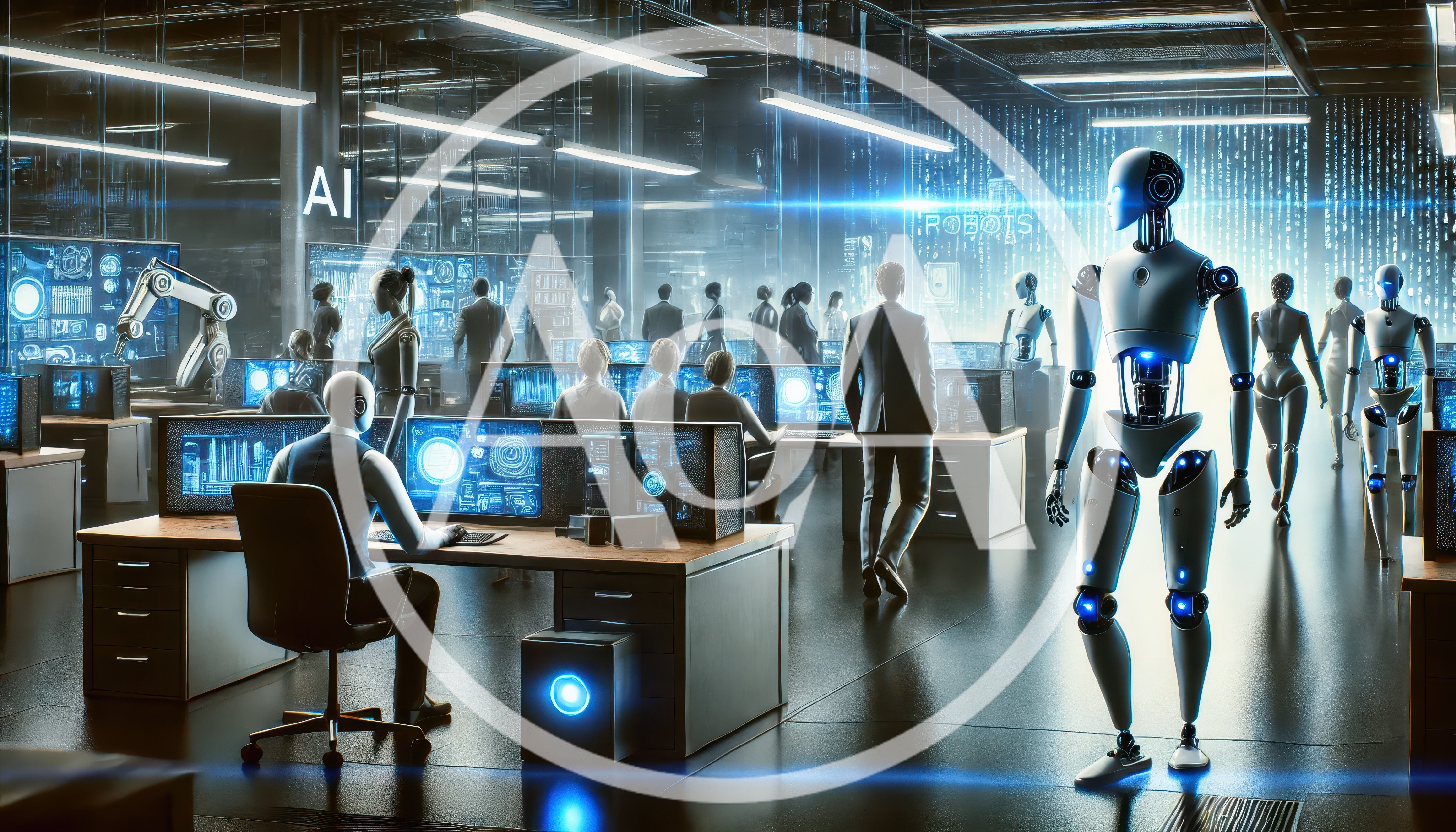 Futuristic Office Environment With Humanoid Robots And Employees