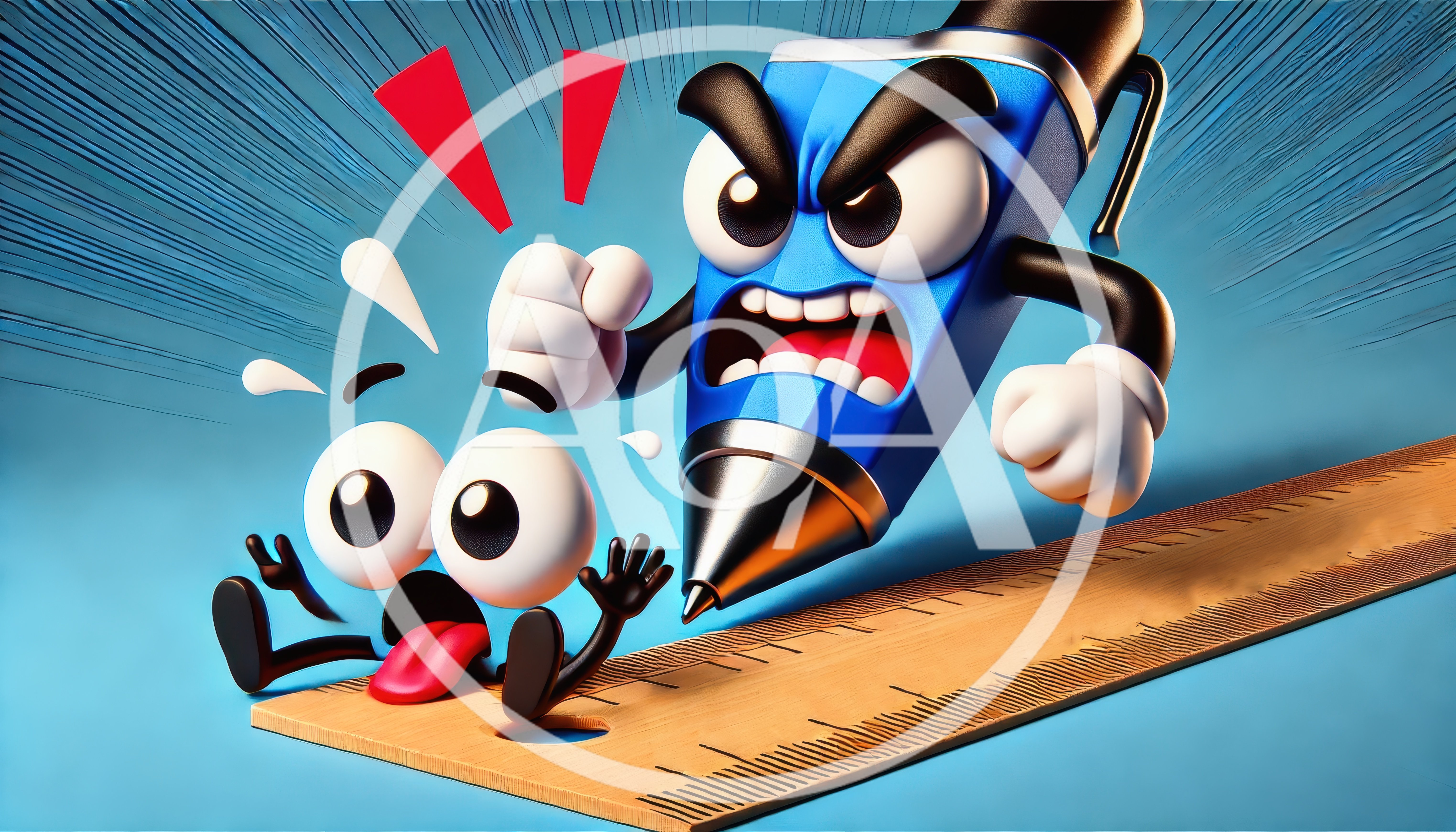 Angry Cartoon Pen Character Threatening A Small Blue Creature