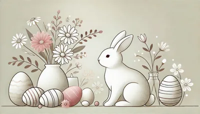 Easter Bunny With Decorative Eggs And Floral Vases