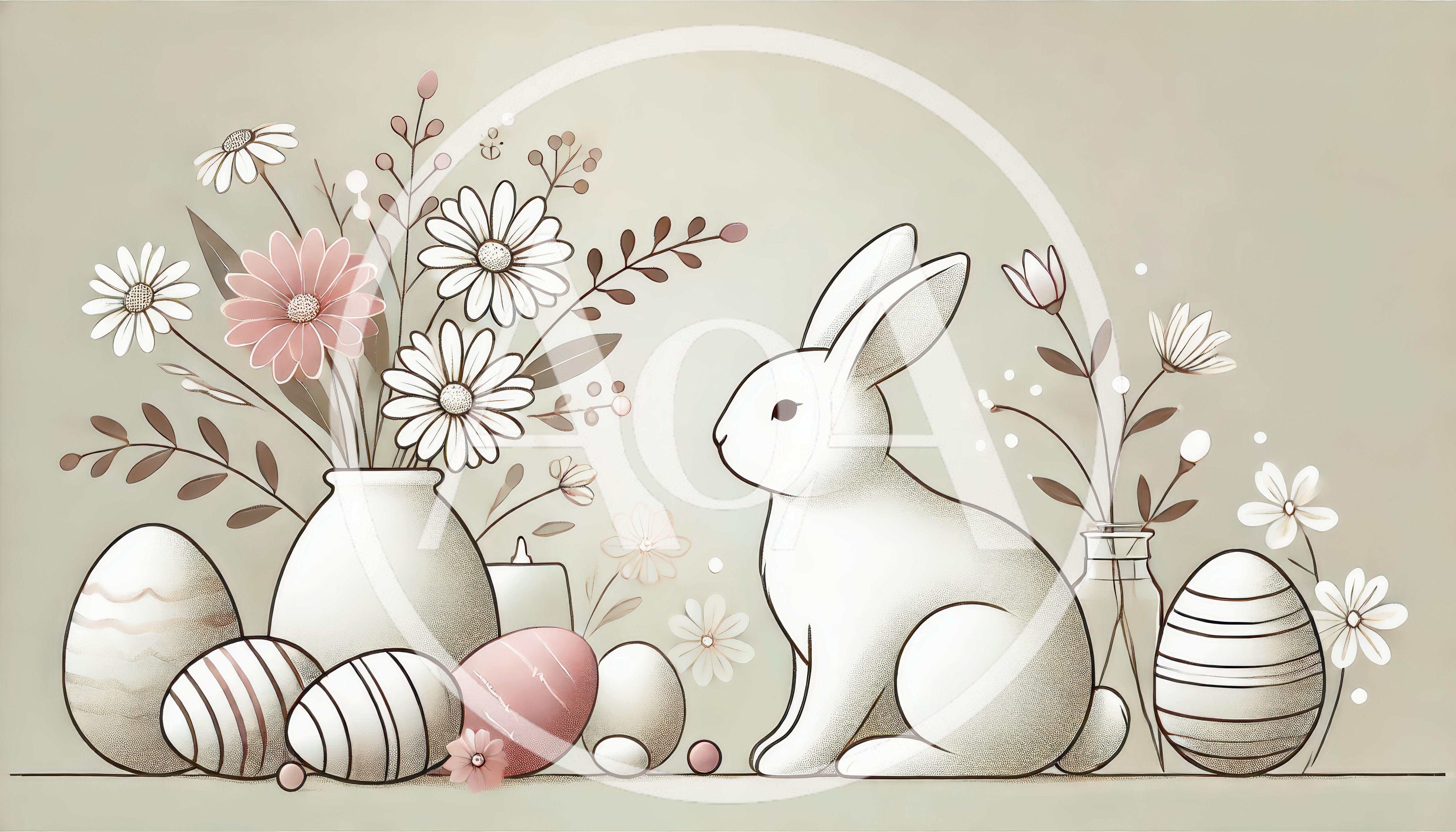 Easter Bunny With Decorative Eggs And Floral Vases