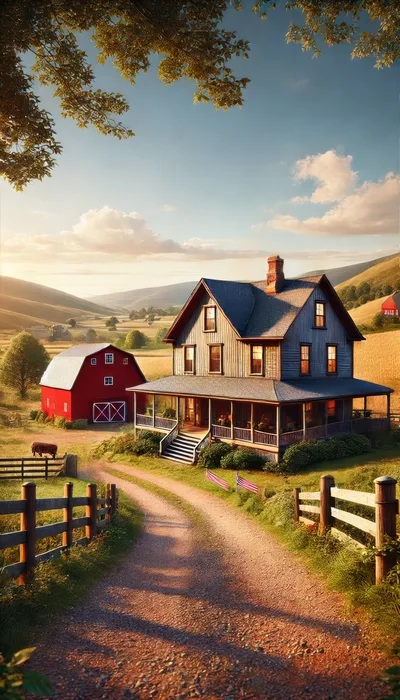Classic American Farmhouse With Red Barn At Sunset