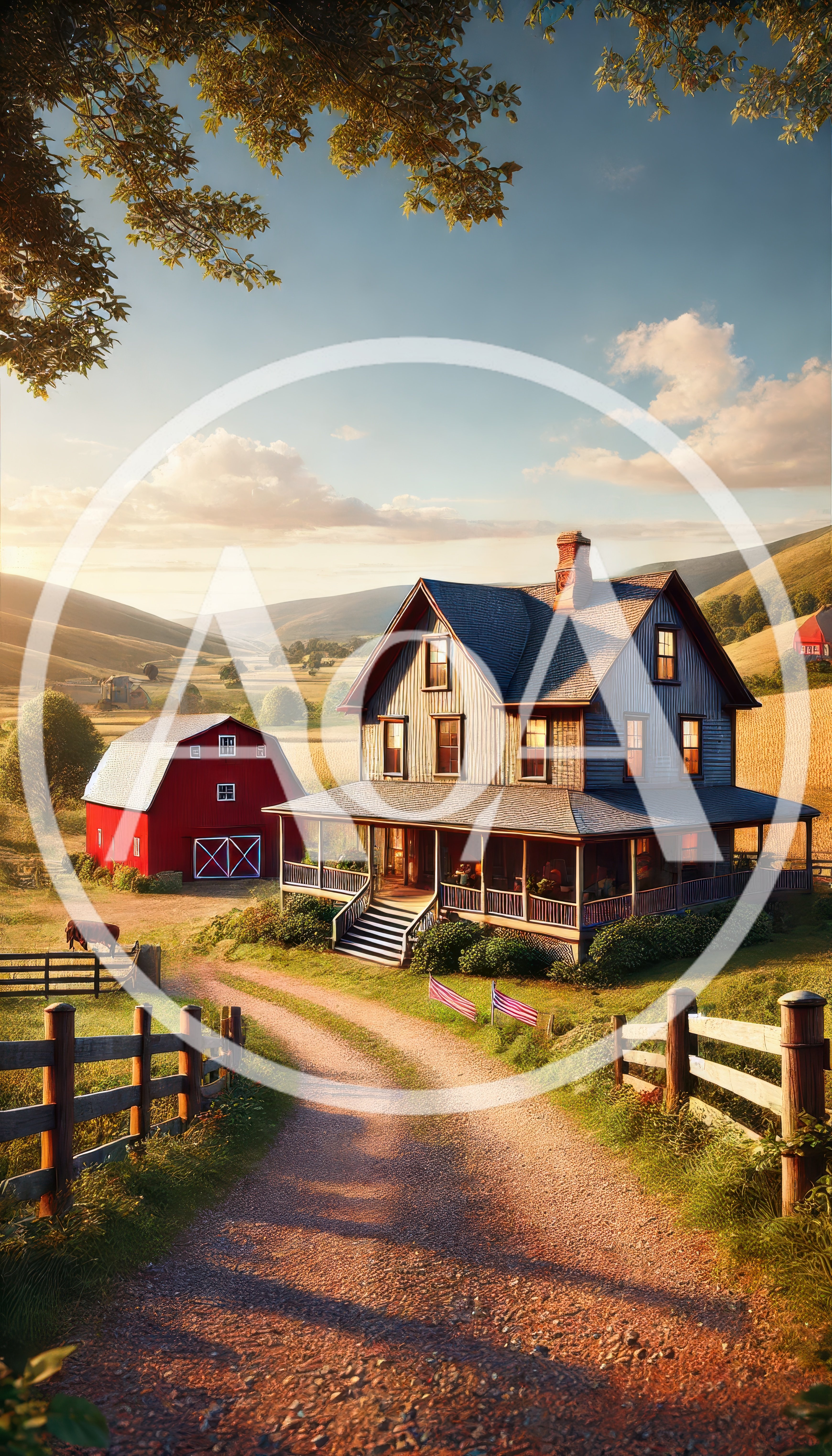Classic American Farmhouse With Red Barn At Sunset