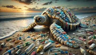 Sea Turtle Covered In Plastic Waste On Beach