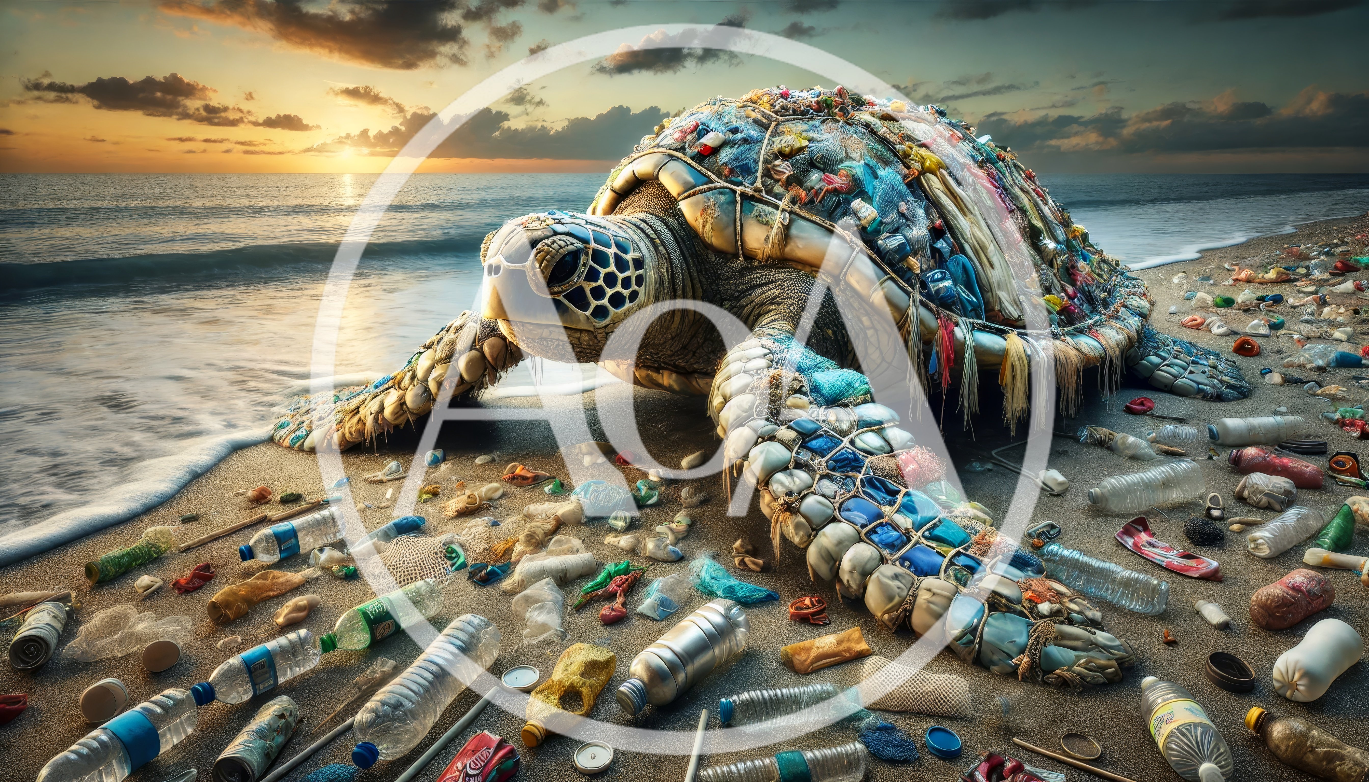 Sea Turtle Covered In Plastic Waste On Beach