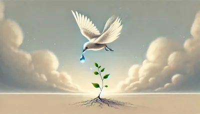 White Dove Dropping Water Onto A Small Sprout