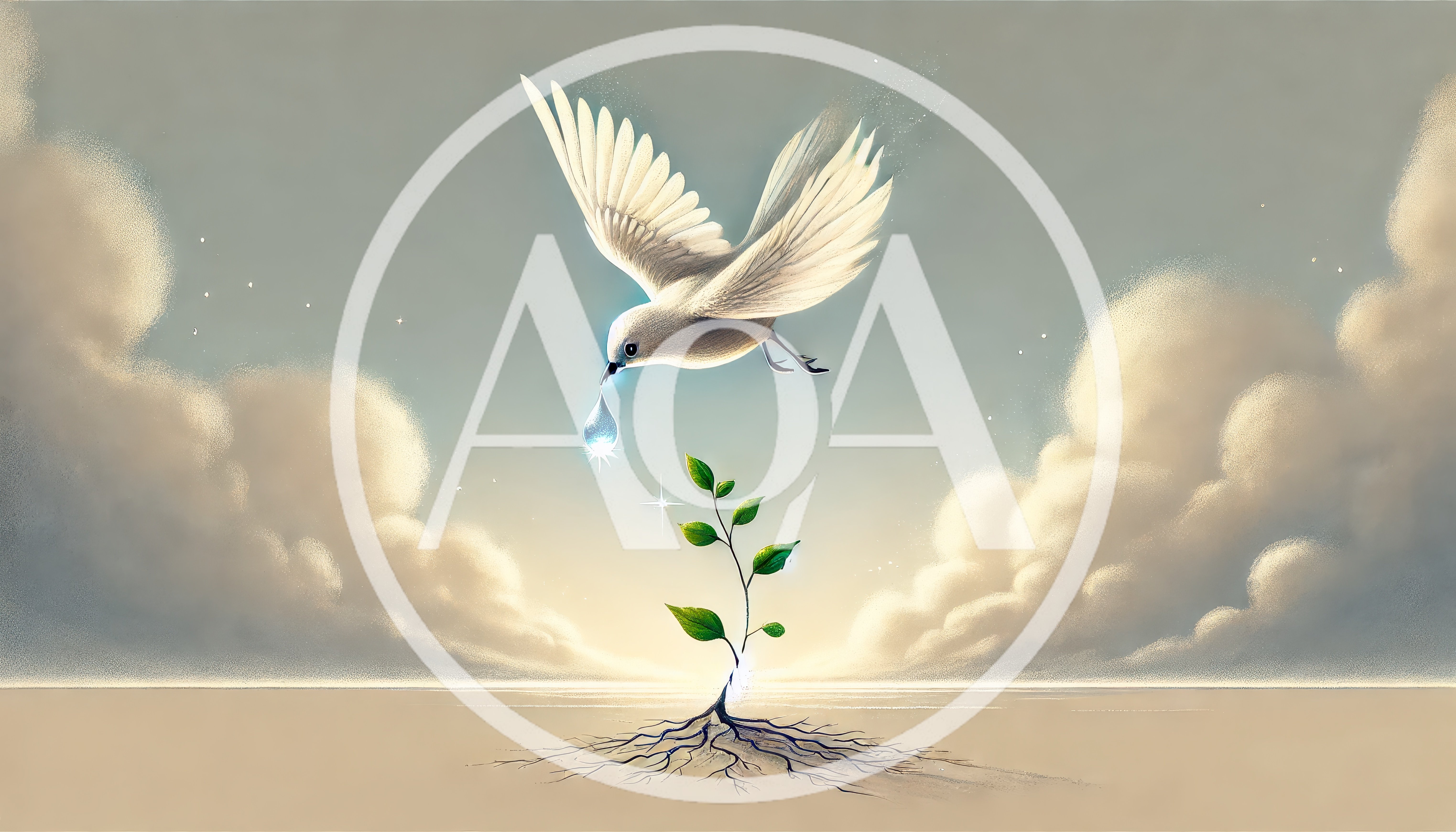 White Dove Dropping Water Onto A Small Sprout