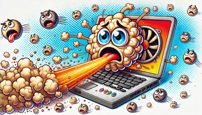 Cartoon Virus Character Spewing Smoke From Laptop Computer