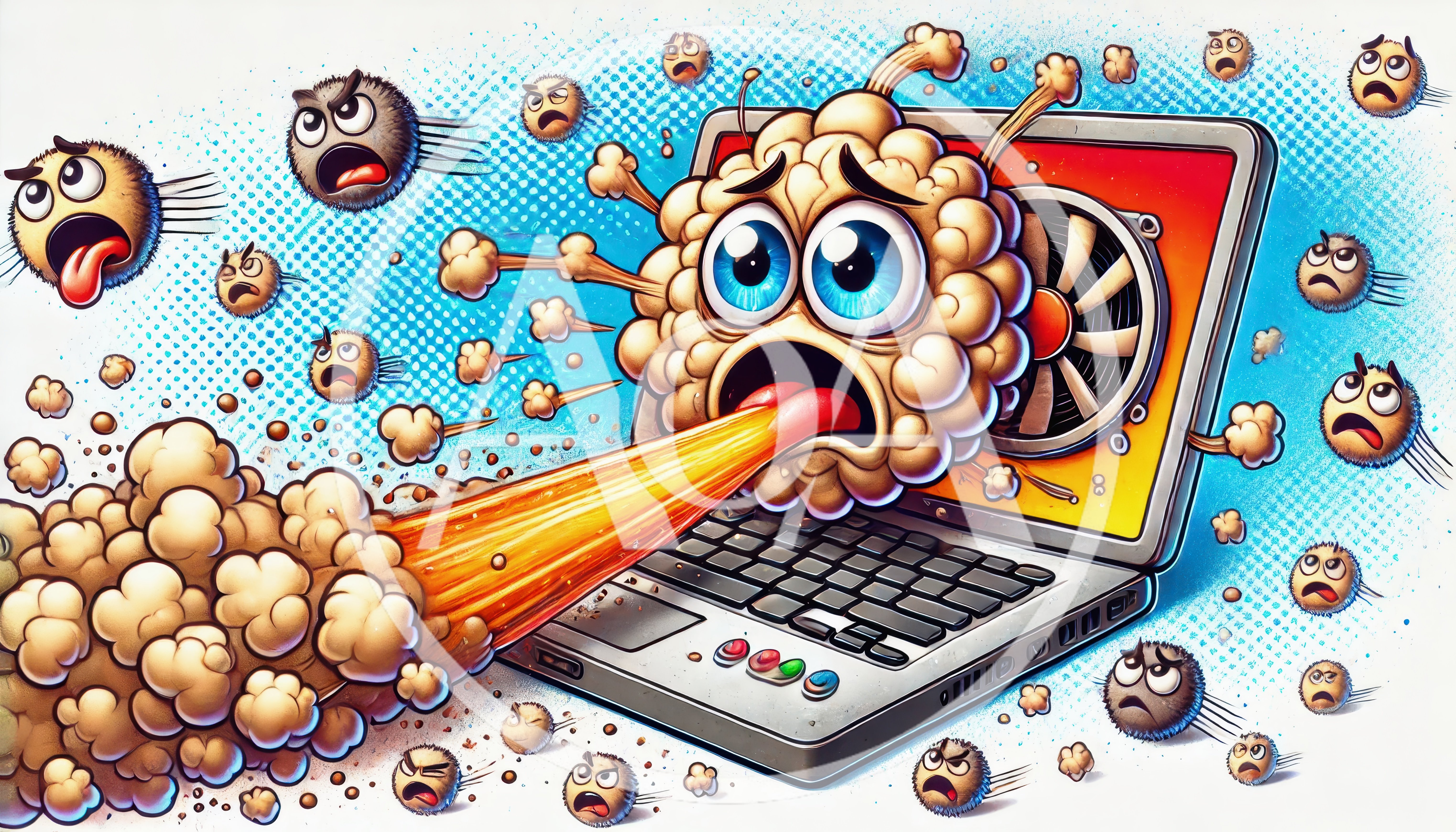 Cartoon Virus Character Spewing Smoke From Laptop Computer