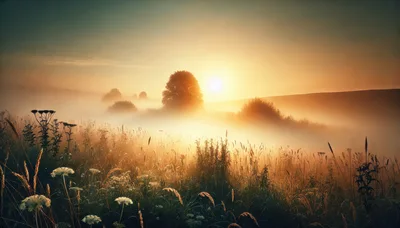 Golden Sunrise Over A Misty Meadow