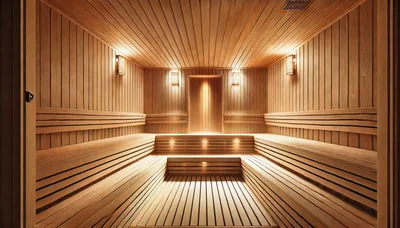 Empty Wooden Sauna Interior With Warm Lighting